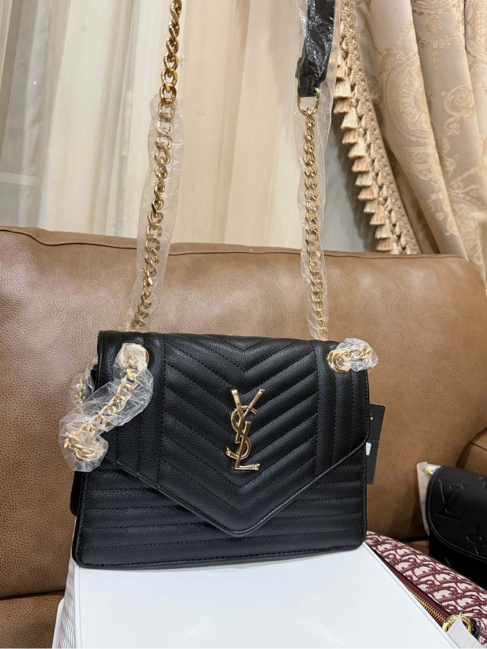 Saint Laurent Black Quilted Chevron Leather Shoulder Bag with Gold Hardware